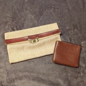 Vintage Woven Straw Pattern and Leather Trim Roomy Clutch Bag